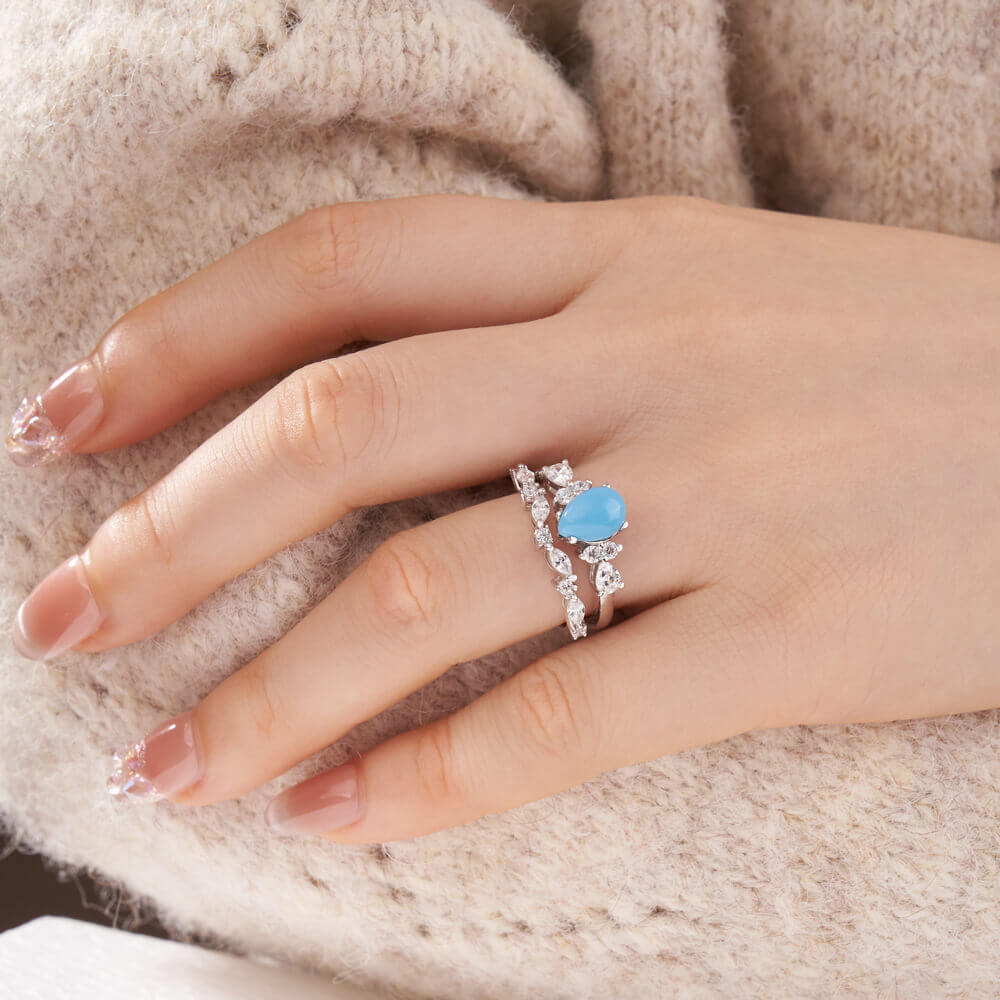 Pear Cut Turquoise-blue 925 Sterling Silver Art Deco Bridal Ring Set