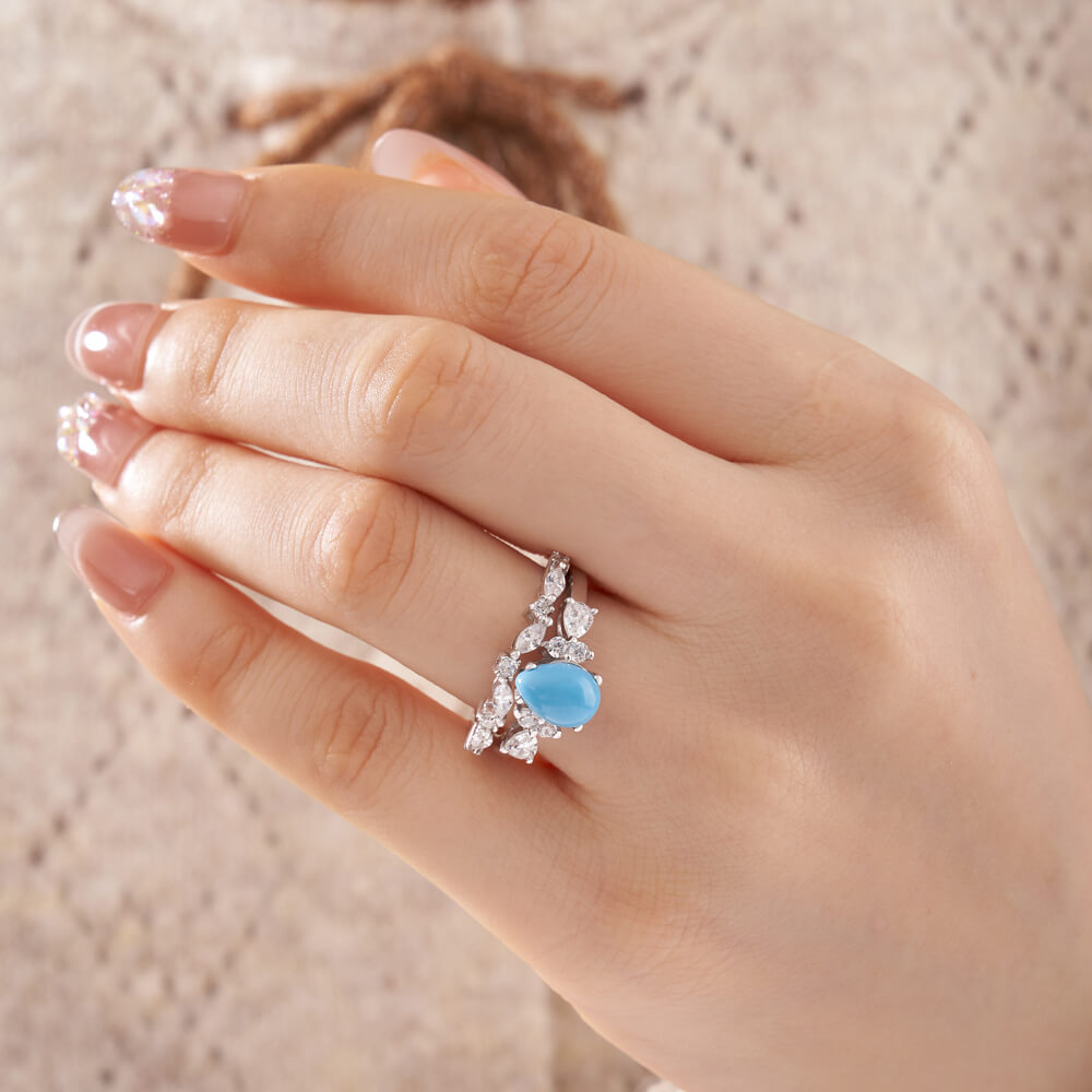 Pear Cut Turquoise-blue 925 Sterling Silver Art Deco Bridal Ring Set