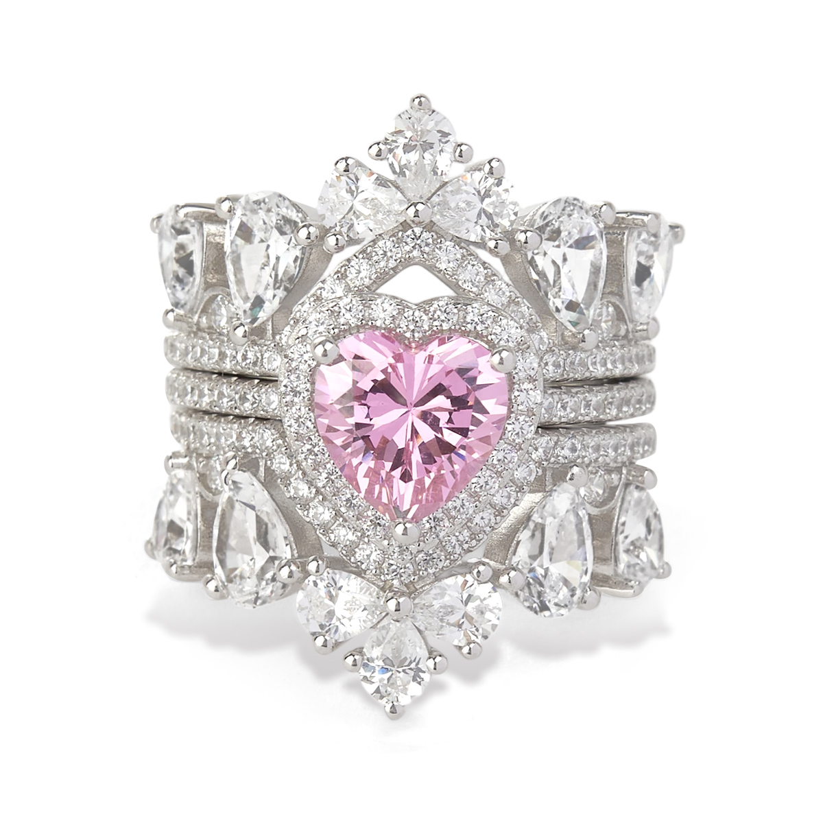 Heart Cut Fancy Pink Sterling Silver 3-Piece Bridal Ring Sets