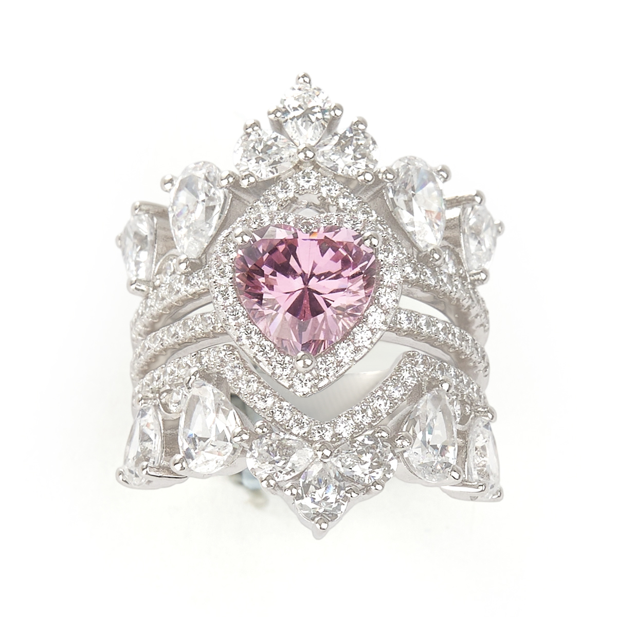 Heart Cut Fancy Pink Sterling Silver 3-Piece Bridal Ring Sets