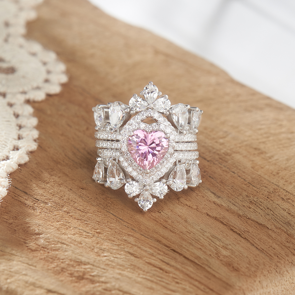 Heart Cut Fancy Pink Sterling Silver 3-Piece Bridal Ring Sets