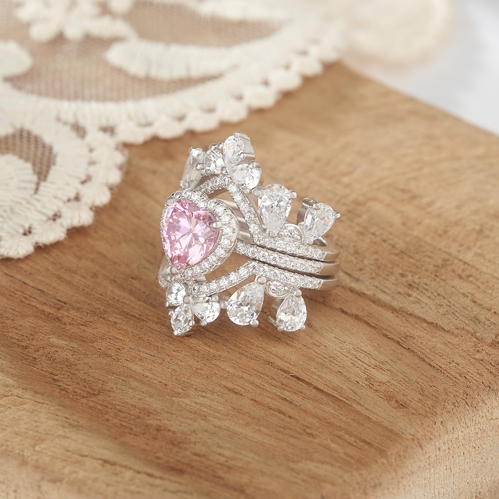 Heart Cut Fancy Pink Sterling Silver 3-Piece Bridal Ring Sets