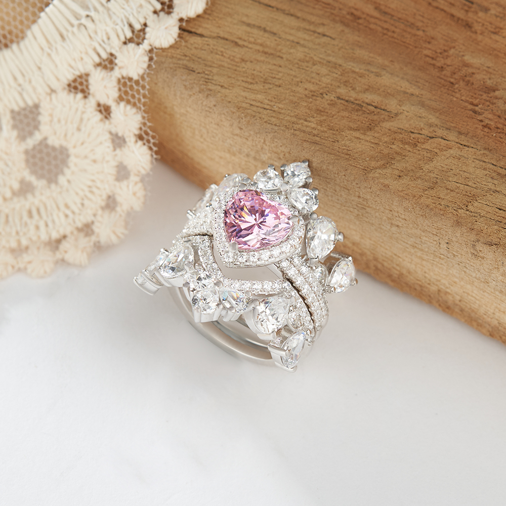 Heart Cut Fancy Pink Sterling Silver 3-Piece Bridal Ring Sets
