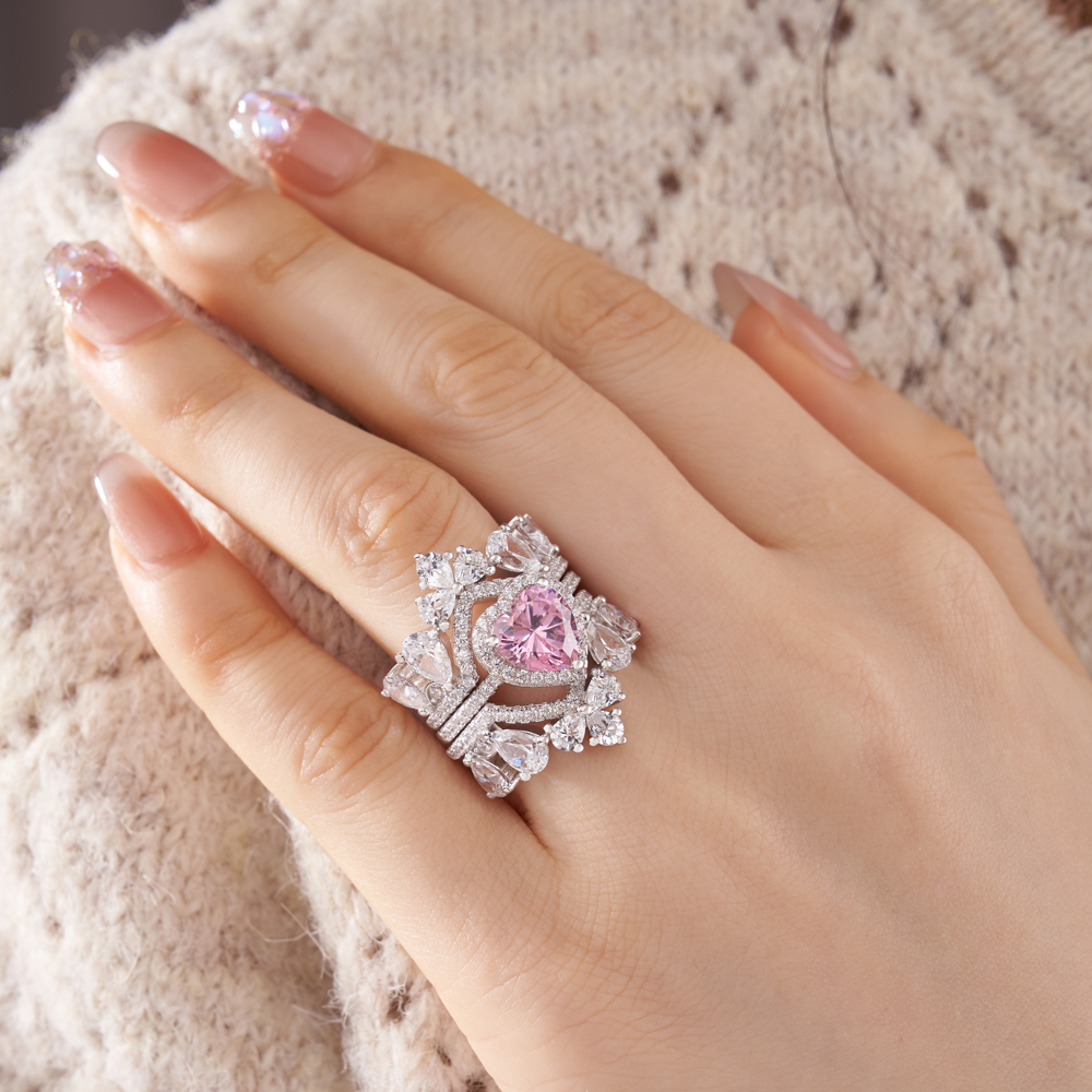 Heart Cut Fancy Pink Sterling Silver 3-Piece Bridal Ring Sets