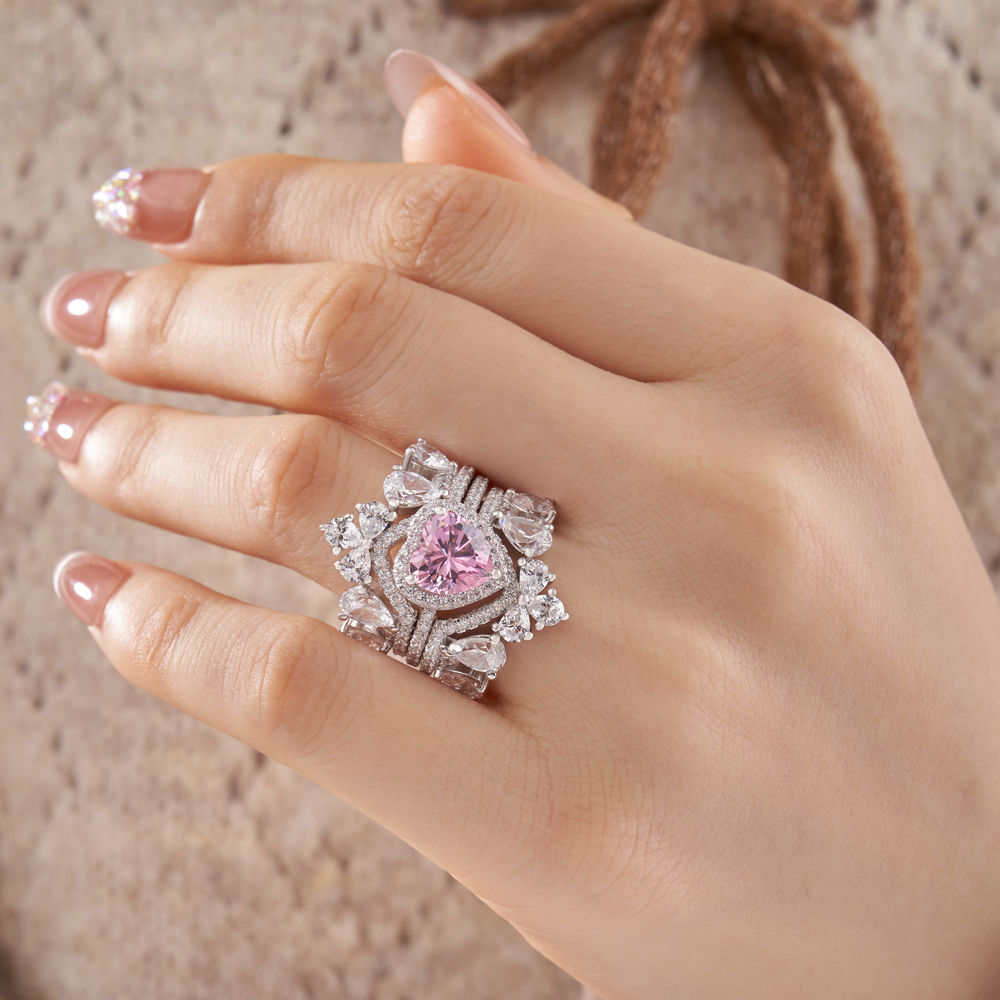 Heart Cut Fancy Pink Sterling Silver 3-Piece Bridal Ring Sets
