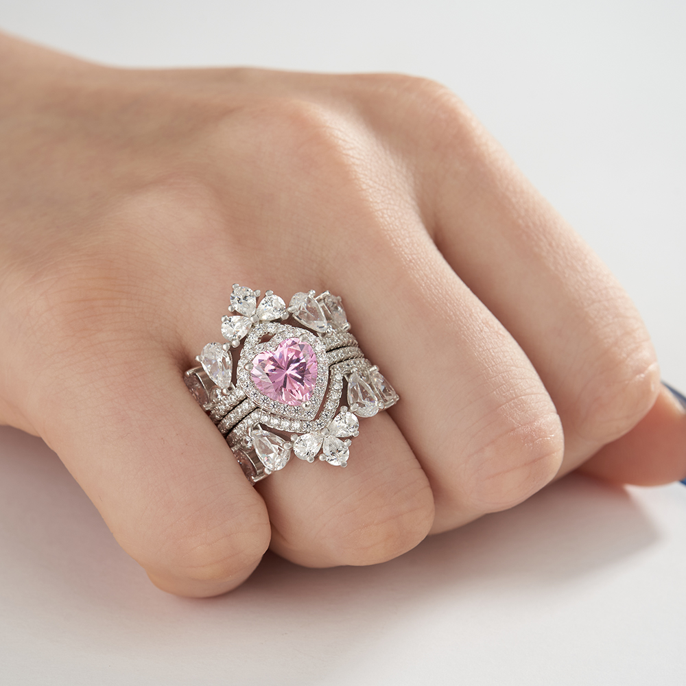 Heart Cut Fancy Pink Sterling Silver 3-Piece Bridal Ring Sets
