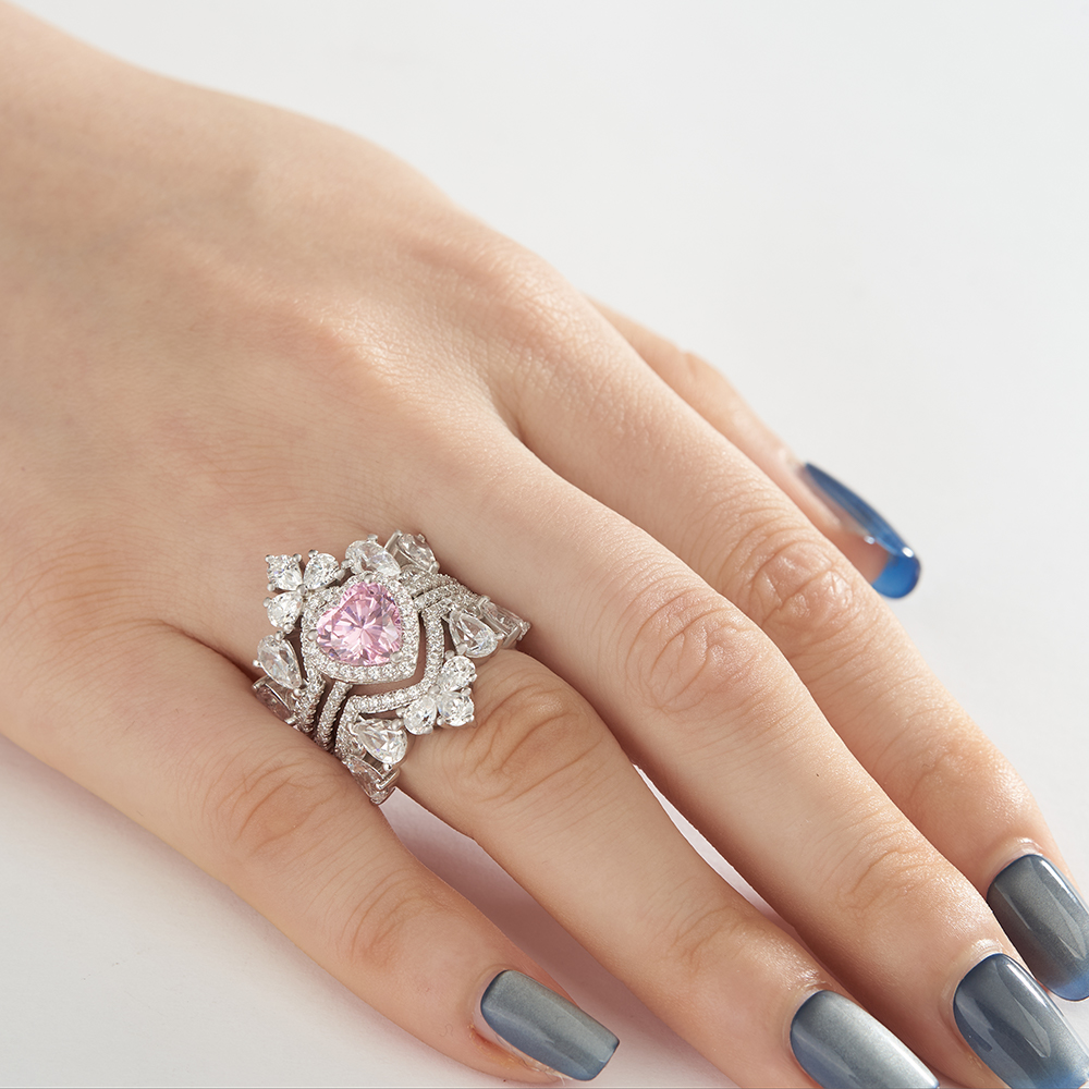 Heart Cut Fancy Pink Sterling Silver 3-Piece Bridal Ring Sets
