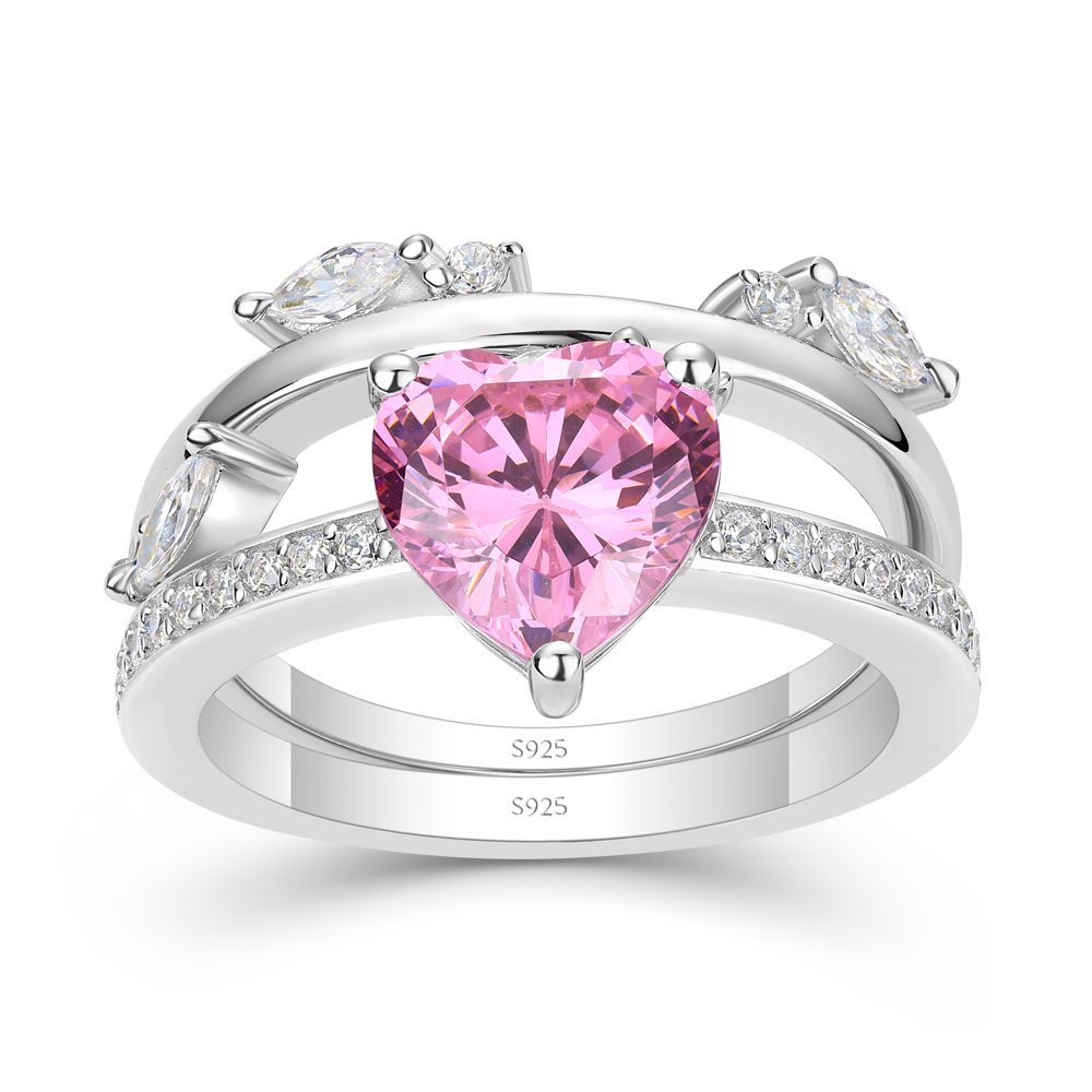 Heart Cut Fancy Pink 925 Sterling Silver Bridal Ring Set