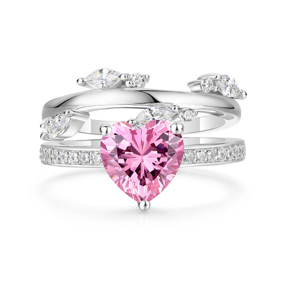 Heart Cut Fancy Pink 925 Sterling Silver Bridal Ring Set
