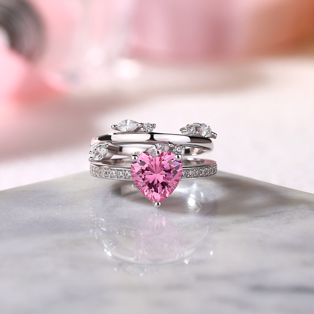 Heart Cut Fancy Pink 925 Sterling Silver Bridal Ring Set