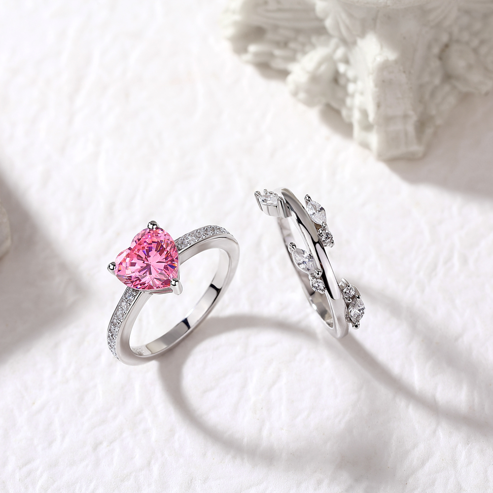 Heart Cut Fancy Pink 925 Sterling Silver Bridal Ring Set