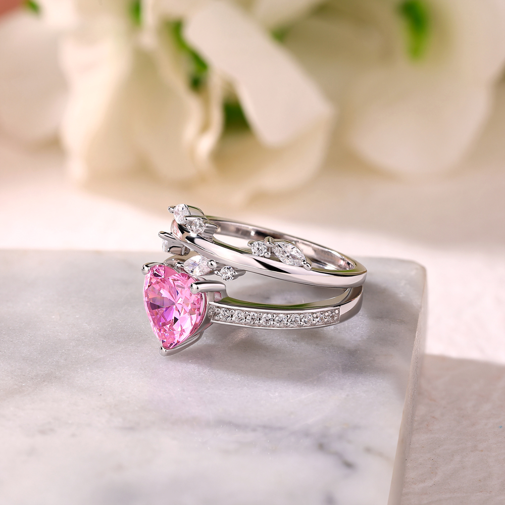 Heart Cut Fancy Pink 925 Sterling Silver Bridal Ring Set