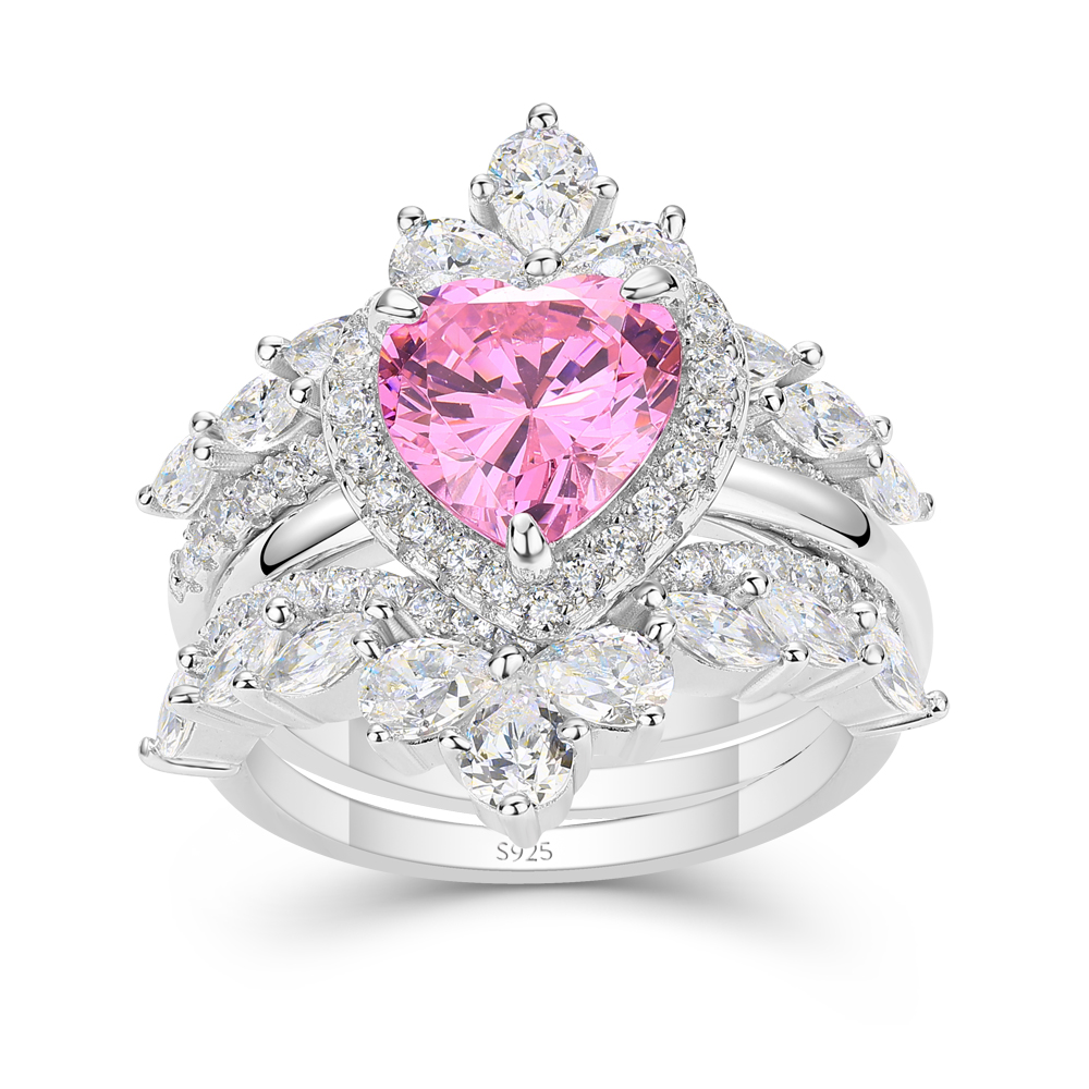 Heart Cut Fancy Pink 925 Sterling Silver Halo 3-Piece Bridal Ring Set
