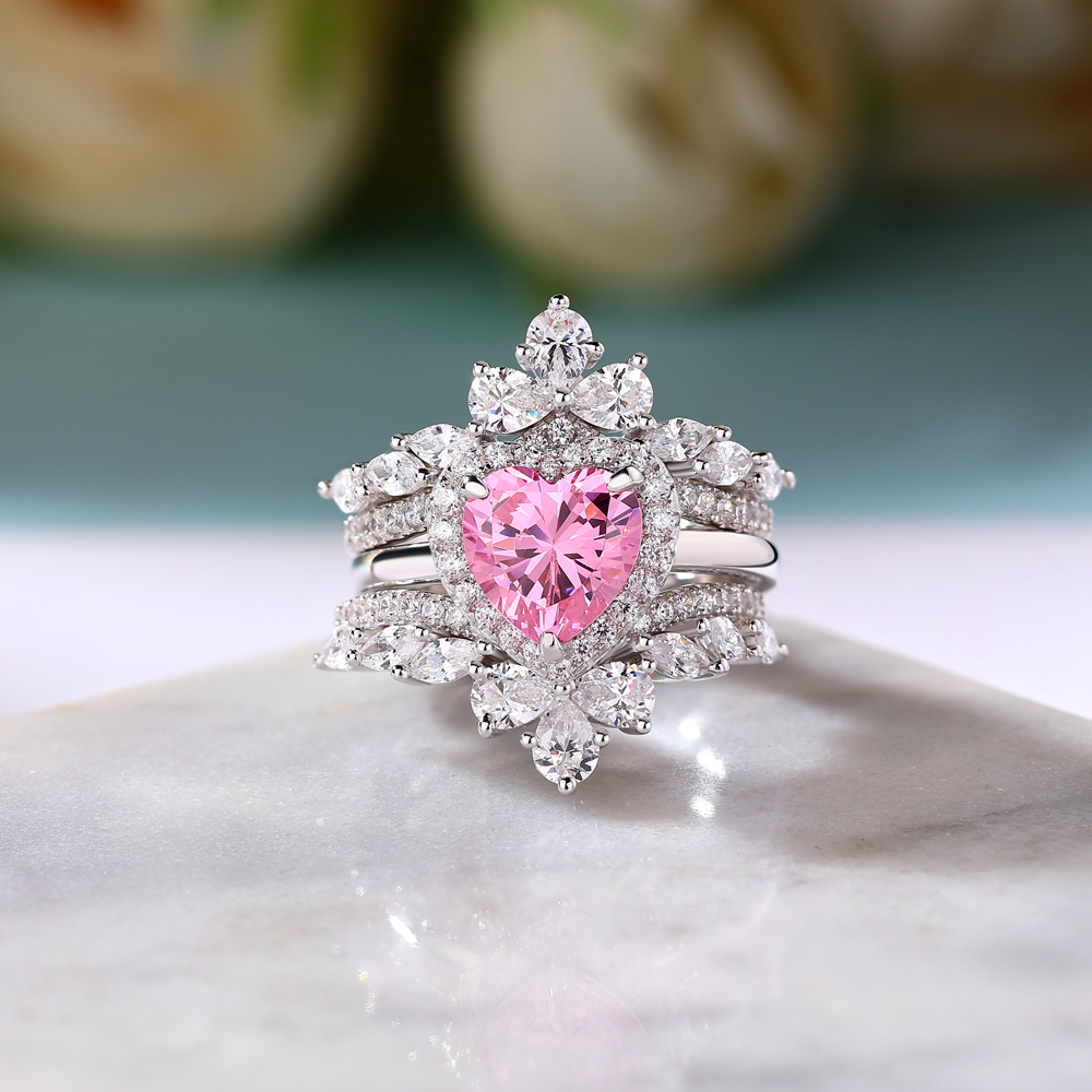 Heart Cut Fancy Pink 925 Sterling Silver Halo 3-Piece Bridal Ring Set