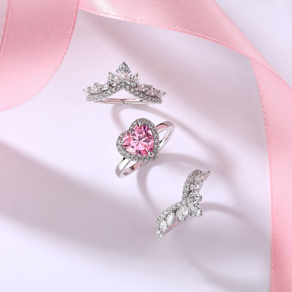 Heart Cut Fancy Pink 925 Sterling Silver Halo 3-Piece Bridal Ring Set