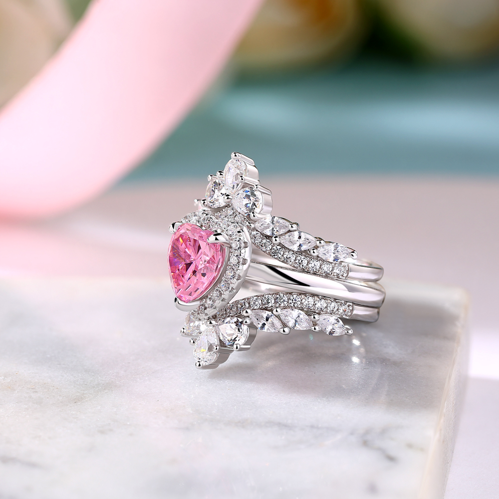 Heart Cut Fancy Pink 925 Sterling Silver Halo 3-Piece Bridal Ring Set