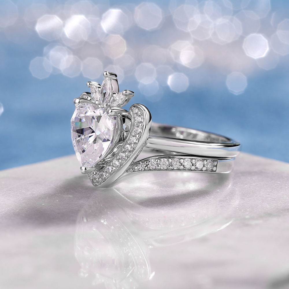 Heart Cut Diamond White 925 Sterling Silver Halo Bridal Ring Set