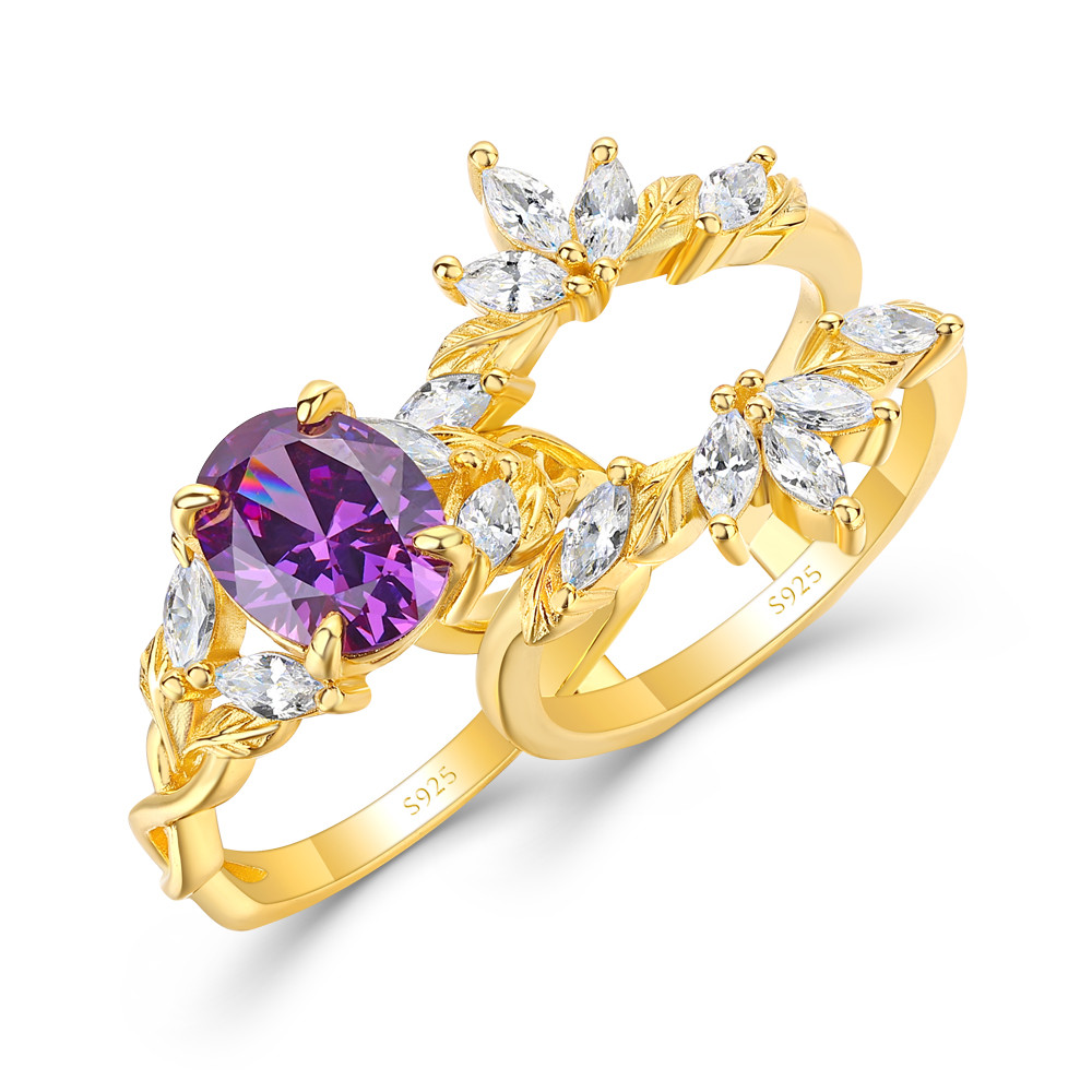 Oval Cut Amethyst Purple 925 Sterling Silver Yellow Gold Enhancer Bridal Ring Set