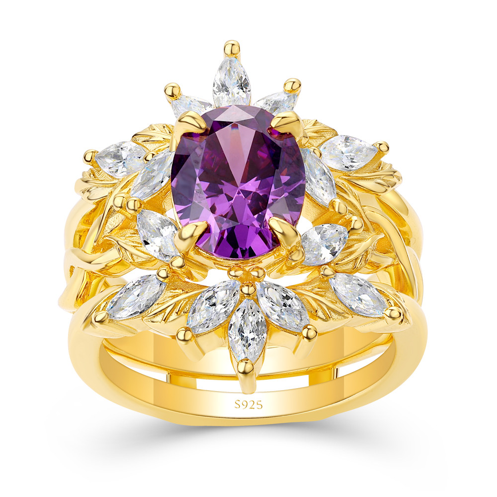Oval Cut Amethyst Purple 925 Sterling Silver Yellow Gold Enhancer Bridal Ring Set