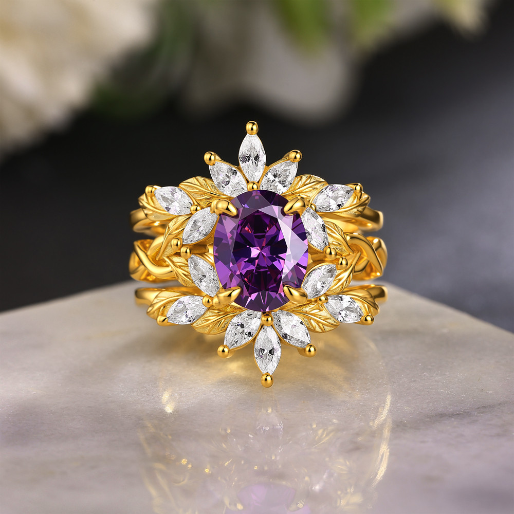 Oval Cut Amethyst Purple 925 Sterling Silver Yellow Gold Enhancer Bridal Ring Set