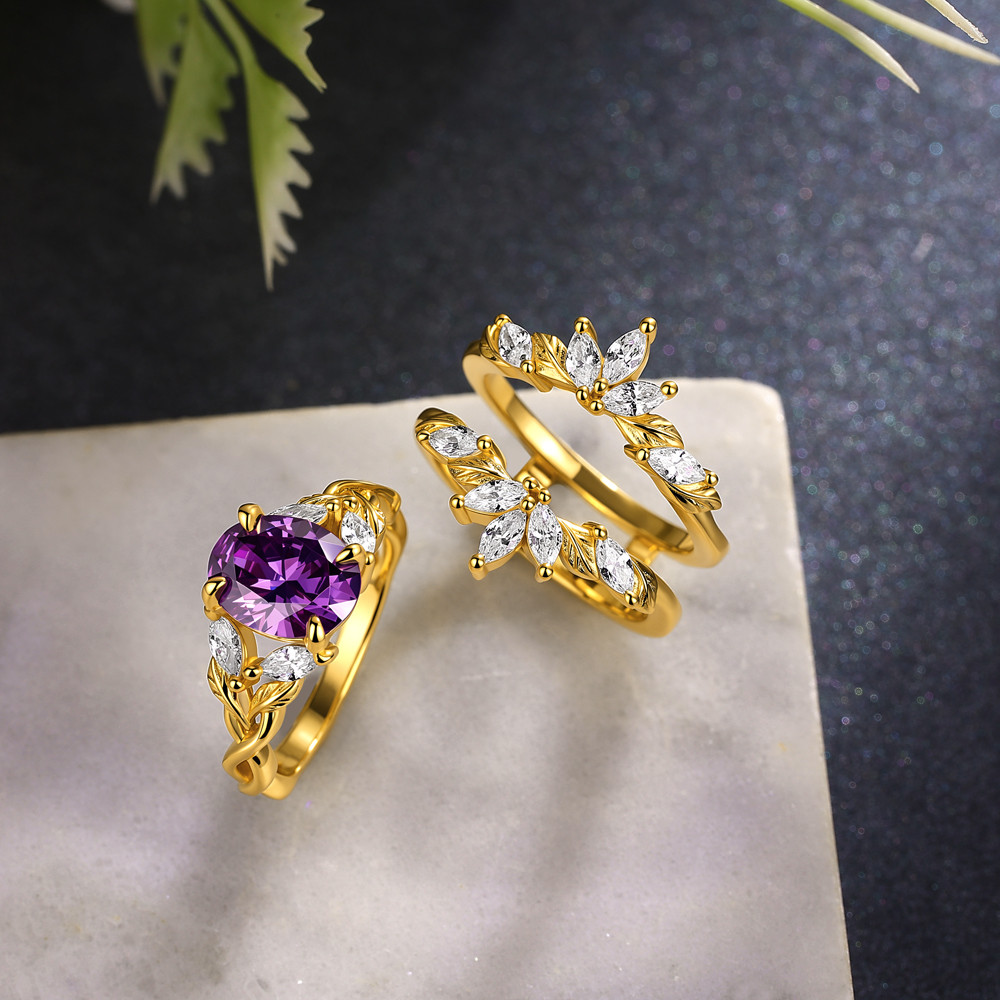 Oval Cut Amethyst Purple 925 Sterling Silver Yellow Gold Enhancer Bridal Ring Set