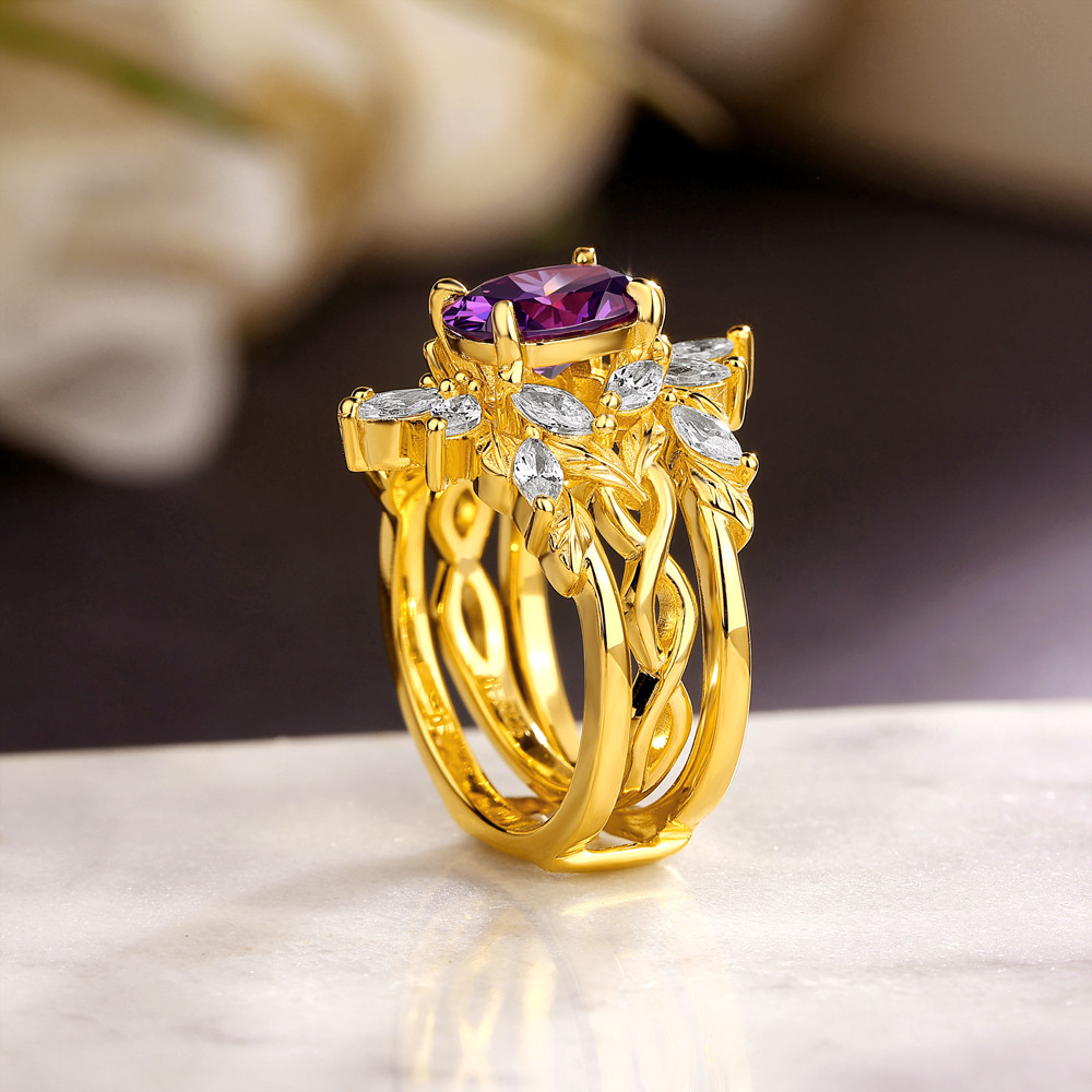 Oval Cut Amethyst Purple 925 Sterling Silver Yellow Gold Enhancer Bridal Ring Set