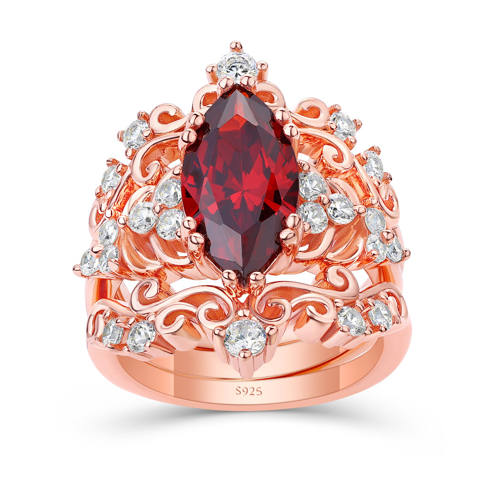 Marquise Cut Garnet Red 925 Sterling Silver Rose Gold 3-Piece Bridal Ring Set