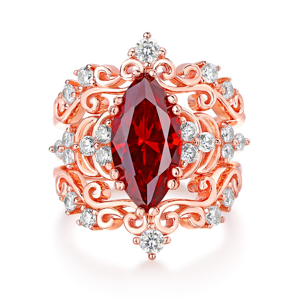 Marquise Cut Garnet Red 925 Sterling Silver Rose Gold 3-Piece Bridal Ring Set