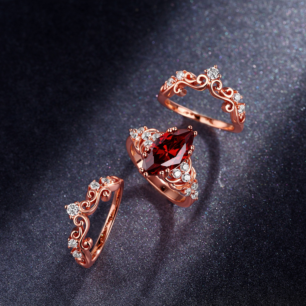 Marquise Cut Garnet Red 925 Sterling Silver Rose Gold 3-Piece Bridal Ring Set