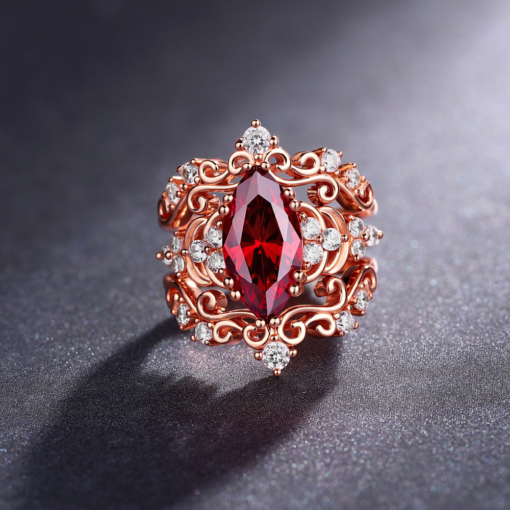 Marquise Cut Garnet Red 925 Sterling Silver Rose Gold 3-Piece Bridal Ring Set