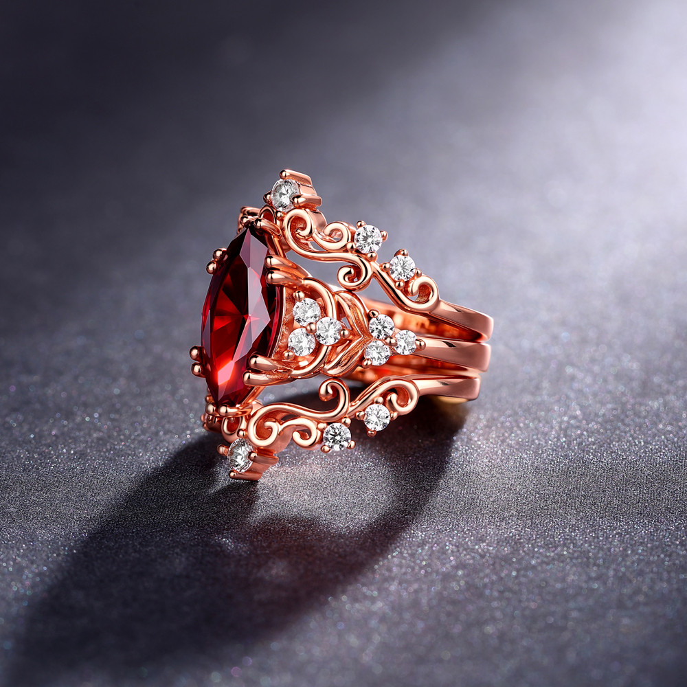 Marquise Cut Garnet Red 925 Sterling Silver Rose Gold 3-Piece Bridal Ring Set