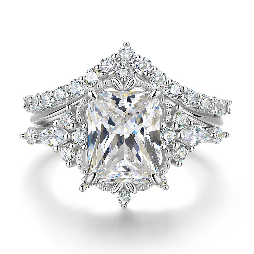 Vintage Radiant Cut Diamond White 925 Sterling Silver Bridal Ring Set