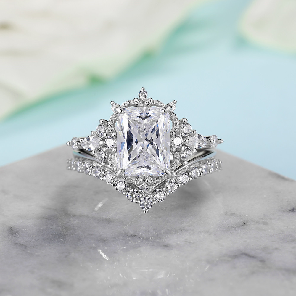 Vintage Radiant Cut Diamond White 925 Sterling Silver Bridal Ring Set