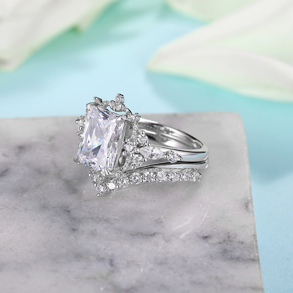 Vintage Radiant Cut Diamond White 925 Sterling Silver Bridal Ring Set