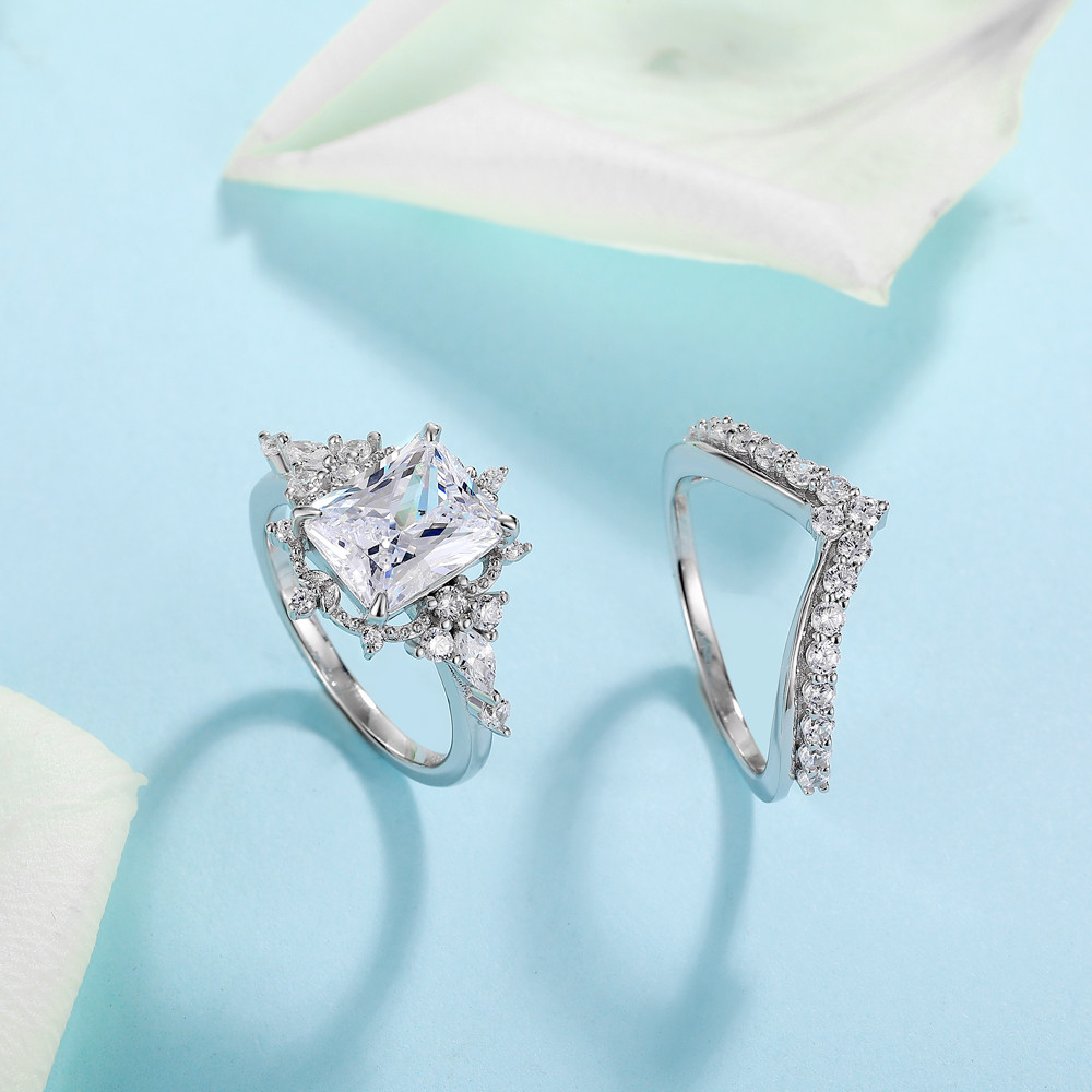 Vintage Radiant Cut Diamond White 925 Sterling Silver Bridal Ring Set