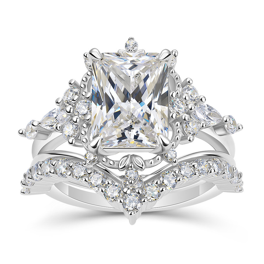 Vintage Radiant Cut Diamond White 925 Sterling Silver Bridal Ring Set