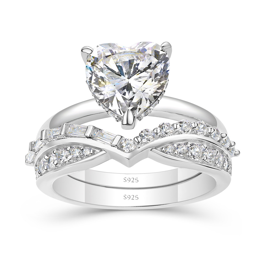 Heart Cut Diamond White 925 Sterling Silver Hidden Halo Bridal Ring Set