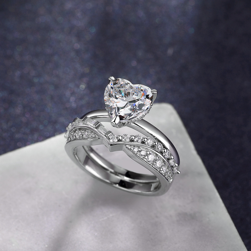 Heart Cut Diamond White 925 Sterling Silver Hidden Halo Bridal Ring Set