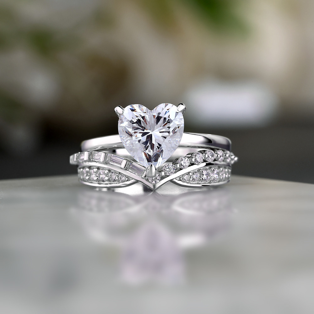 Heart Cut Diamond White 925 Sterling Silver Hidden Halo Bridal Ring Set