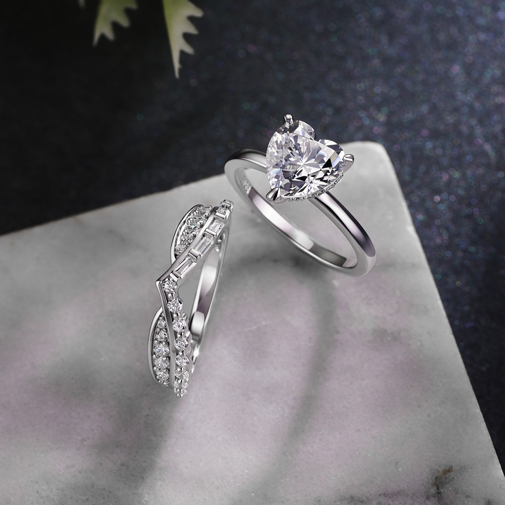 Heart Cut Diamond White 925 Sterling Silver Hidden Halo Bridal Ring Set