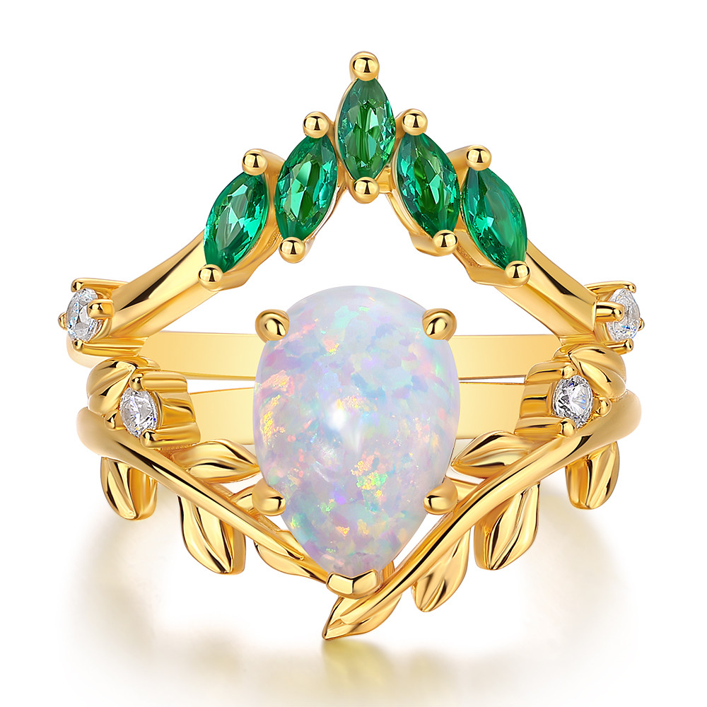 Pear Cut Opal 925 Sterling Silver Art Deco Nature-inspired Yellow Gold Bridal Ring Set