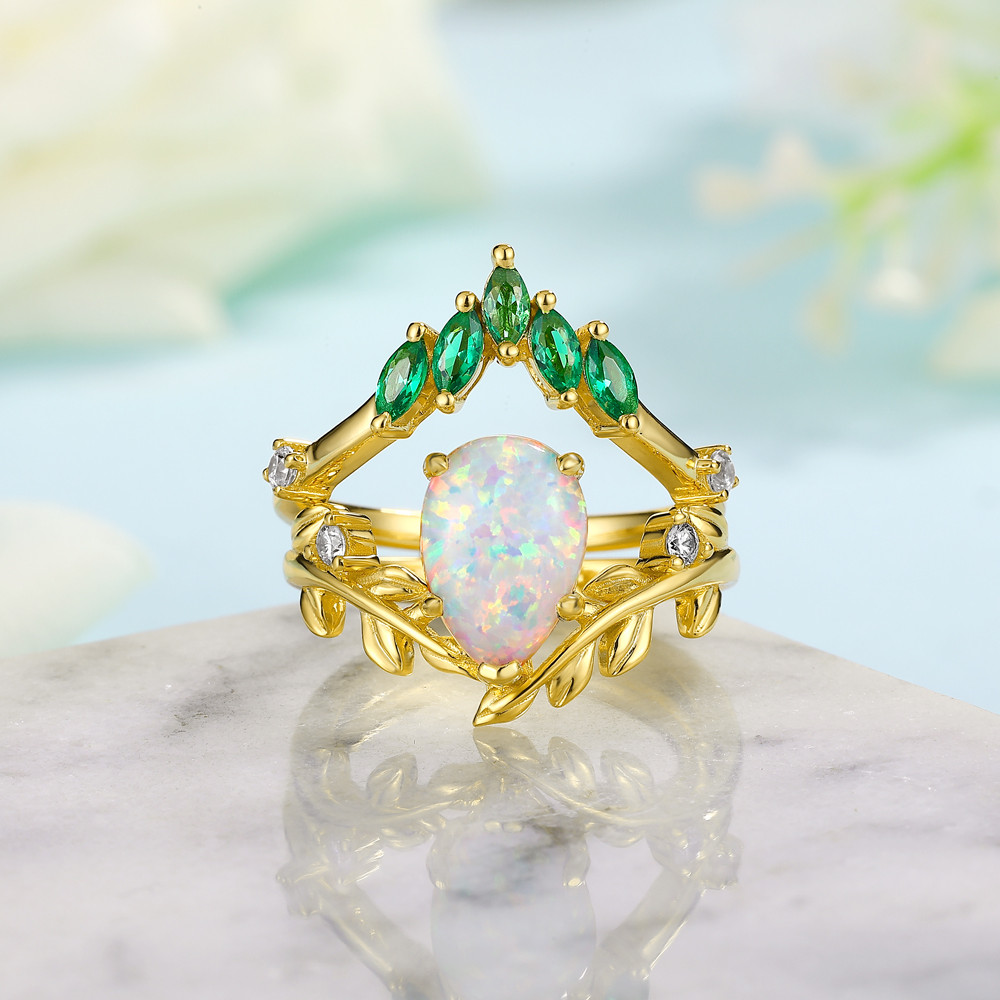 Pear Cut Opal 925 Sterling Silver Art Deco Nature-inspired Yellow Gold Bridal Ring Set