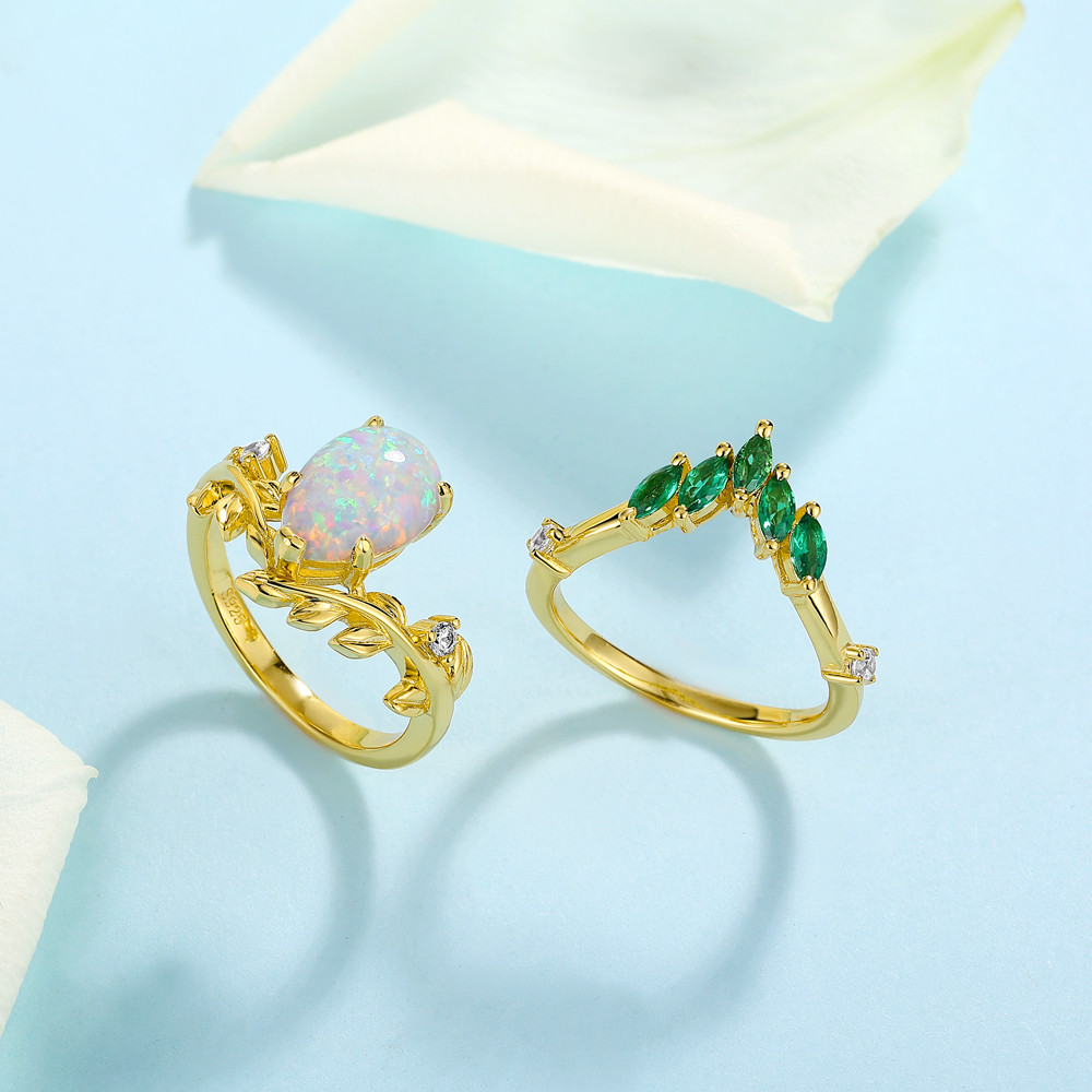 Pear Cut Opal 925 Sterling Silver Art Deco Nature-inspired Yellow Gold Bridal Ring Set