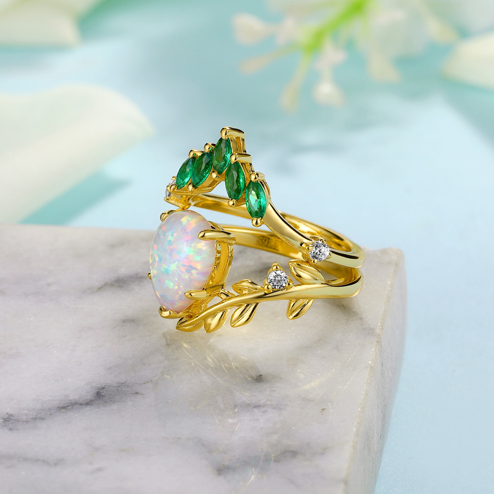 Pear Cut Opal 925 Sterling Silver Art Deco Nature-inspired Yellow Gold Bridal Ring Set