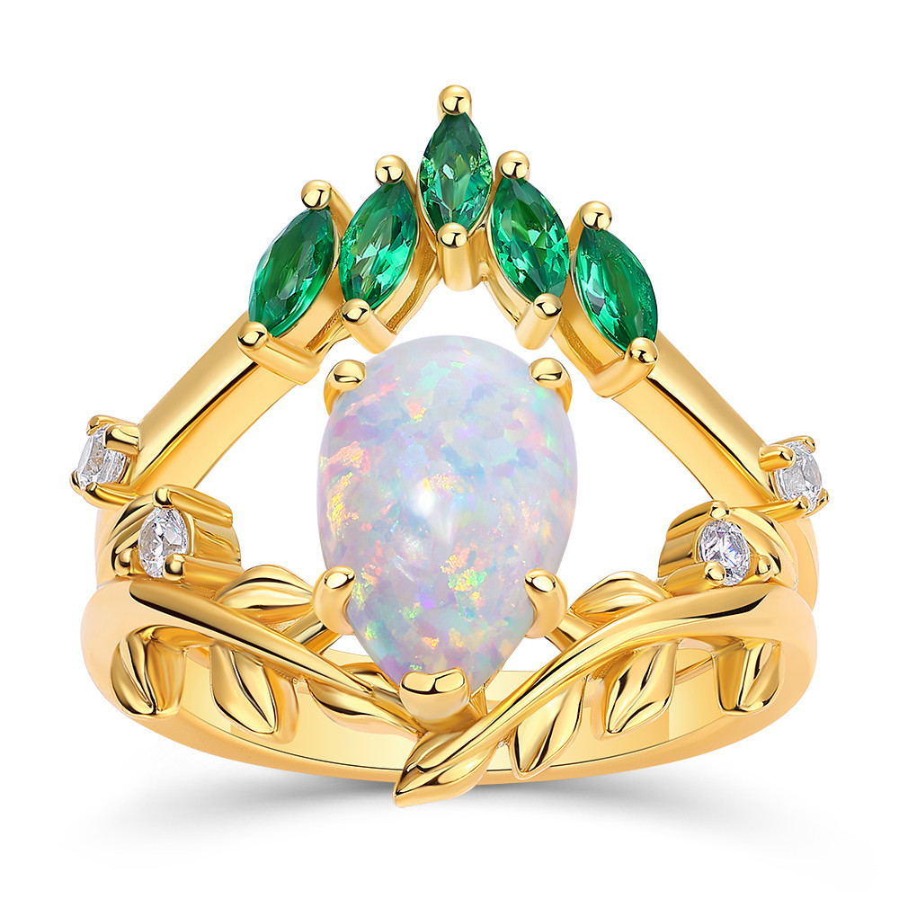 Pear Cut Opal 925 Sterling Silver Art Deco Nature-inspired Yellow Gold Bridal Ring Set