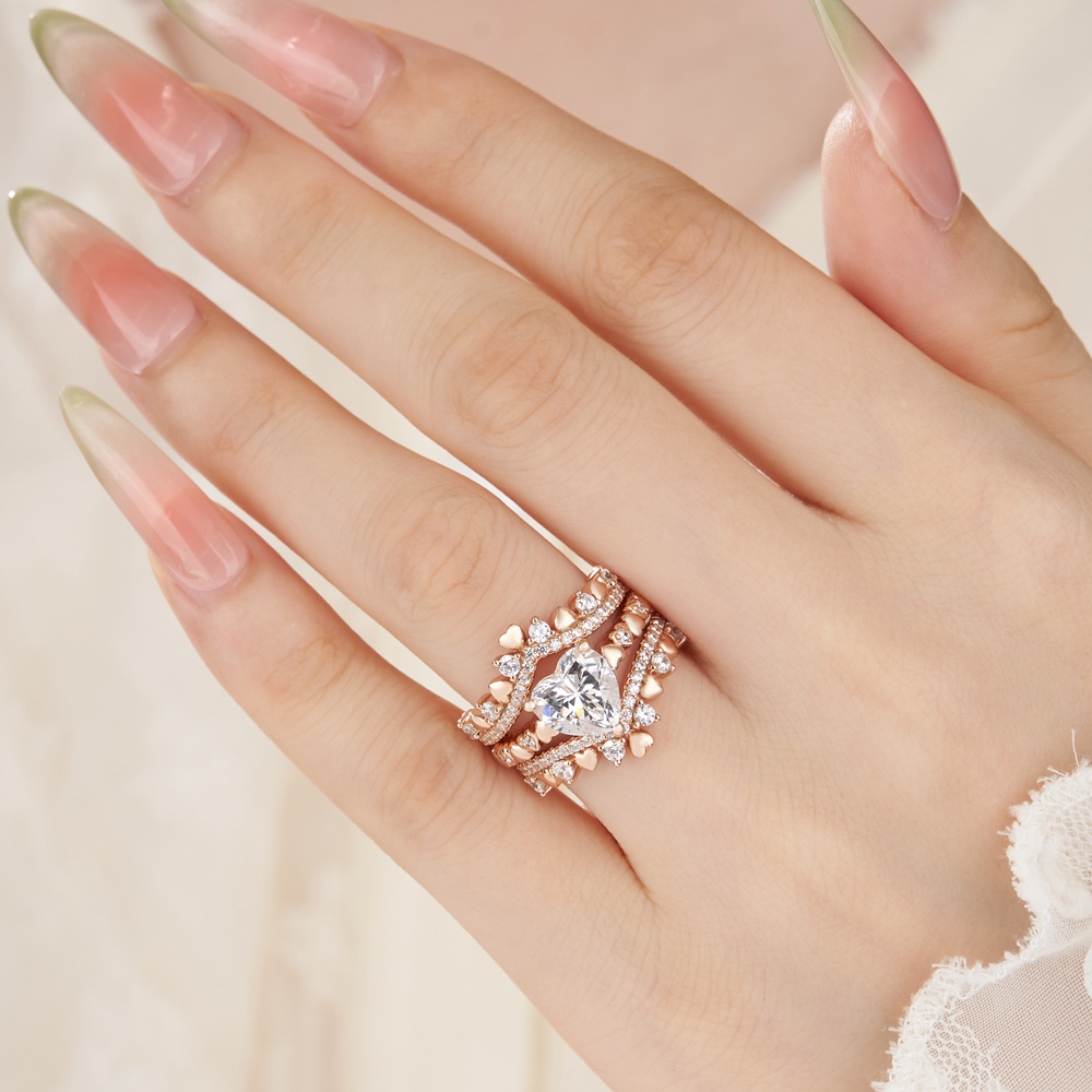 Heart Cut Diamond White Sterling Silver Rose Gold Heart Crown Design Bridal Ring Sets