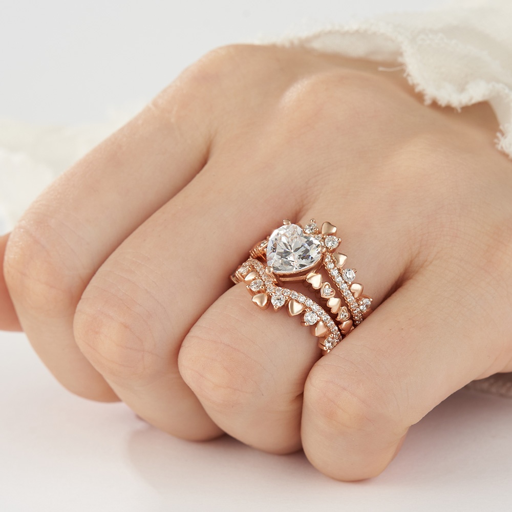 Heart Cut Diamond White Sterling Silver Rose Gold Heart Crown Design Bridal Ring Sets
