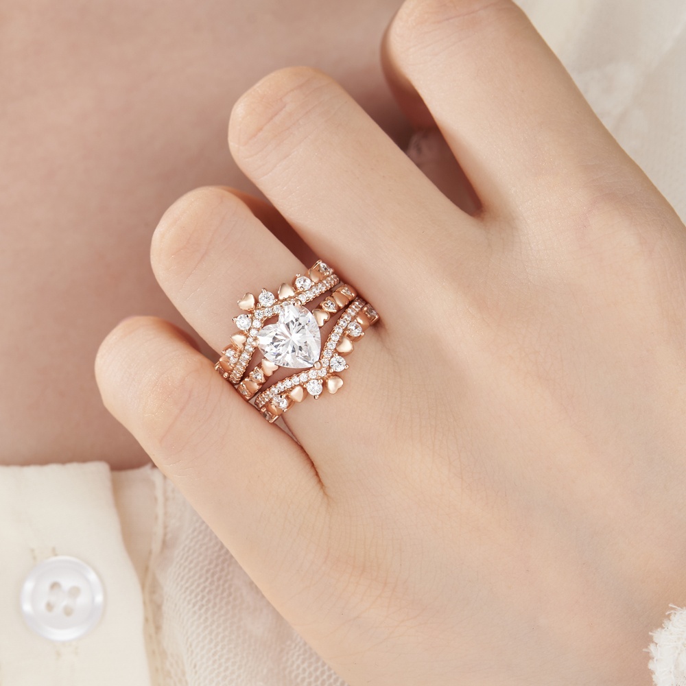 Heart Cut Diamond White Sterling Silver Rose Gold Heart Crown Design Bridal Ring Sets
