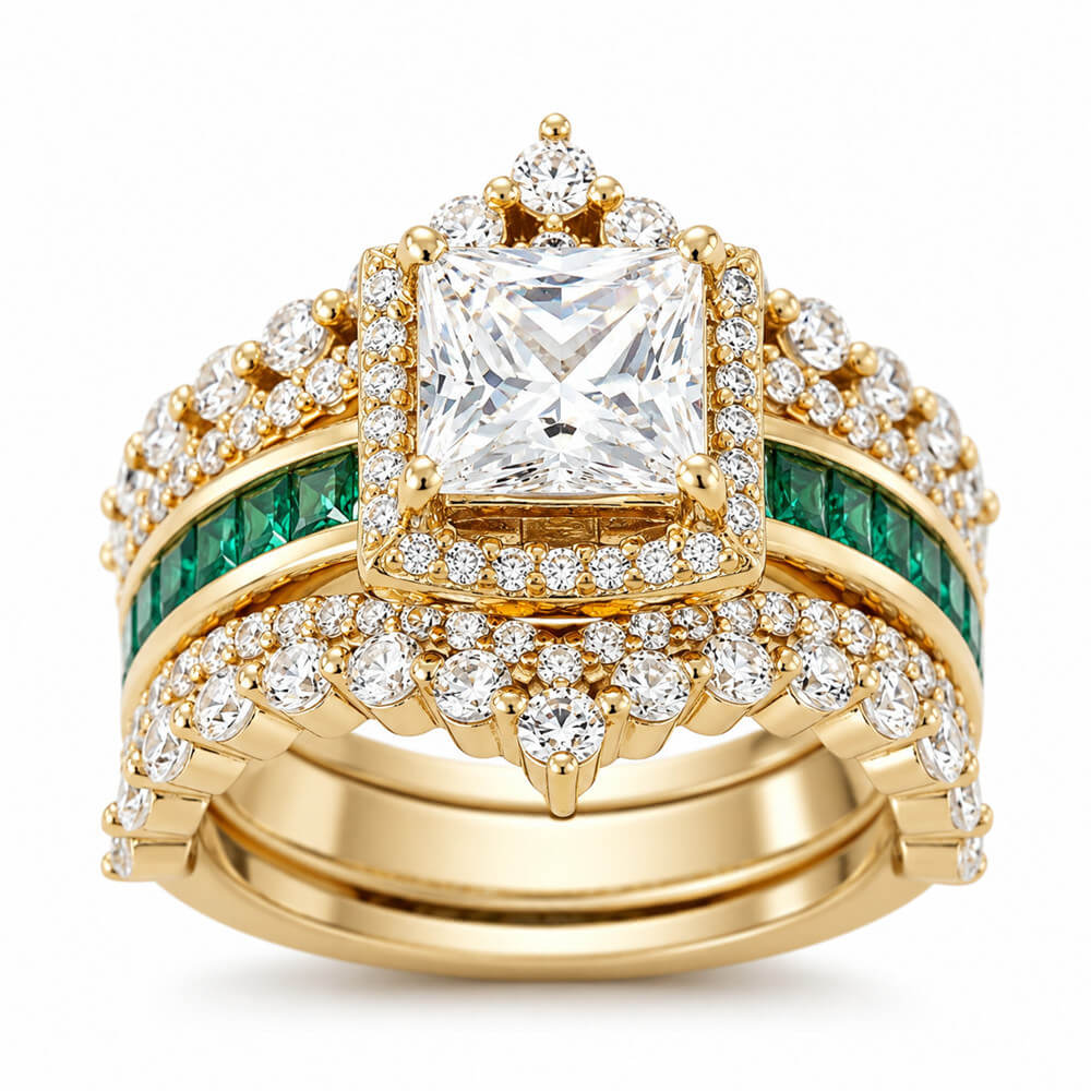 Vintage Princess Cut Diamond White Sterling Silver Yellow Gold Halo Crown Bridal Ring Sets