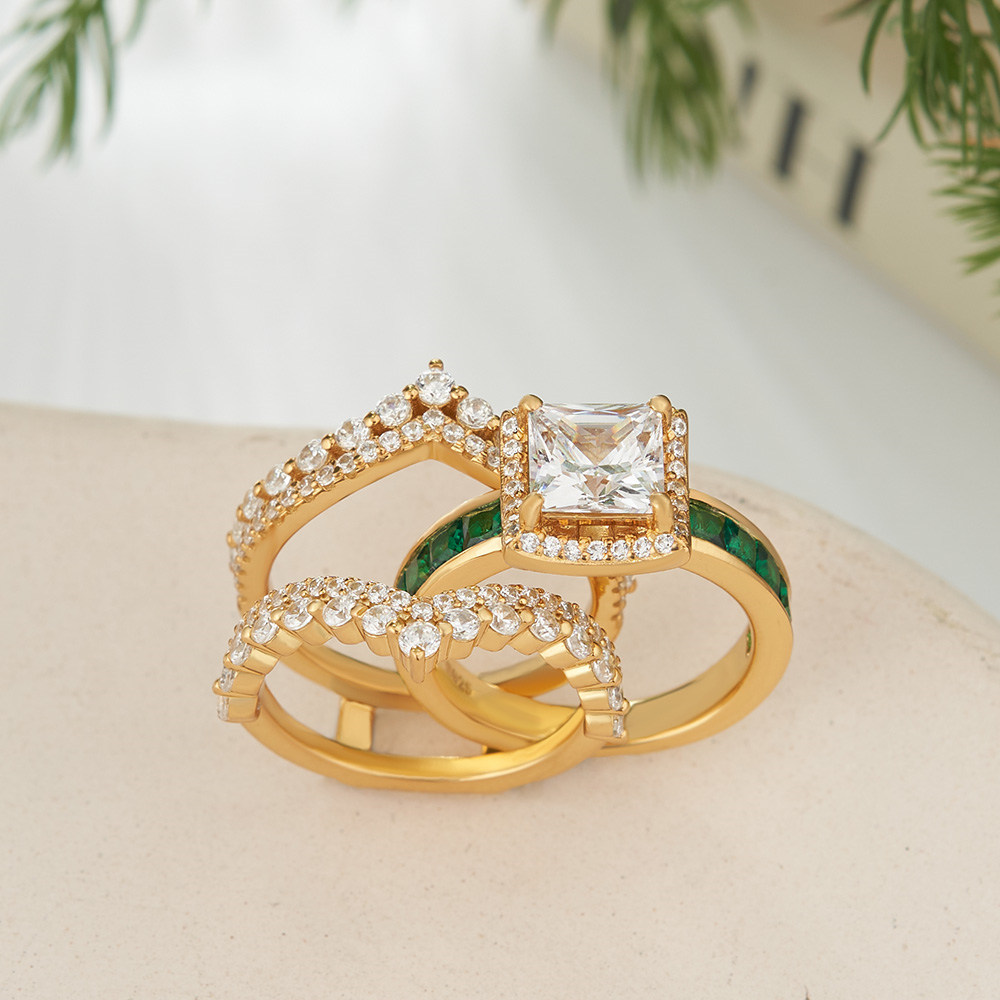 Vintage Princess Cut Diamond White Sterling Silver Yellow Gold Halo Crown Bridal Ring Sets